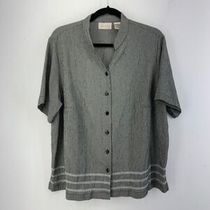 Coastal Grandma Cottage Woman 1X Black White Gingham Button Front Top Modest